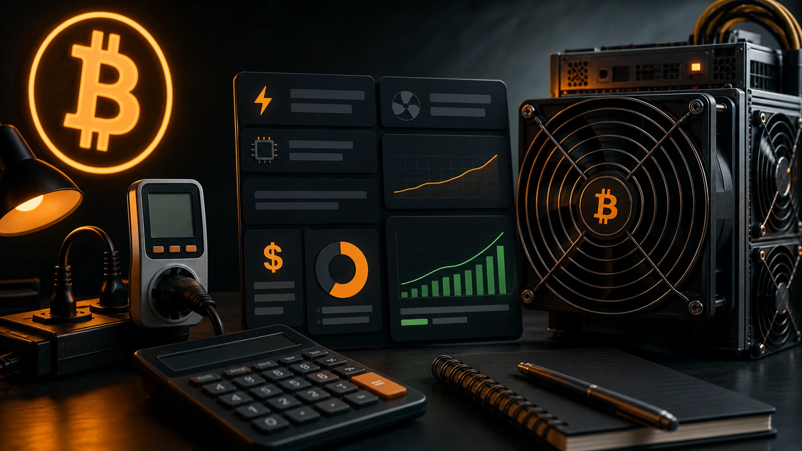 Grafisk artikelbild för Bitcoin mining-kalkylator. Räkna lönsamhet