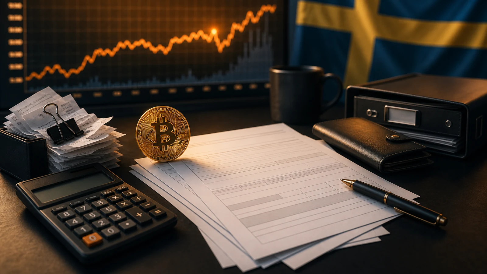 Grafisk artikelbild för Bitcoin och skatt i Sverige